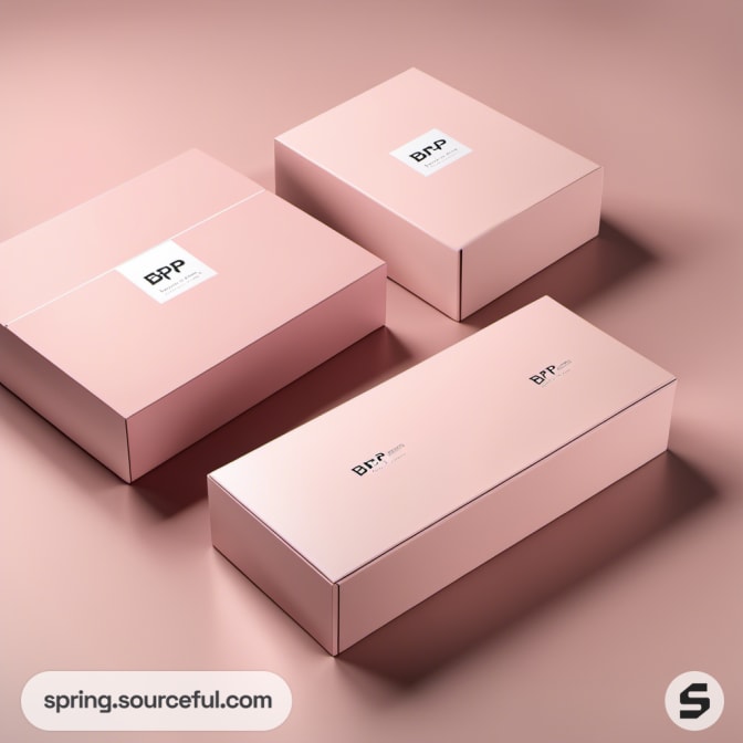 Three pink gift boxes with minimal designs on a neutral surface.