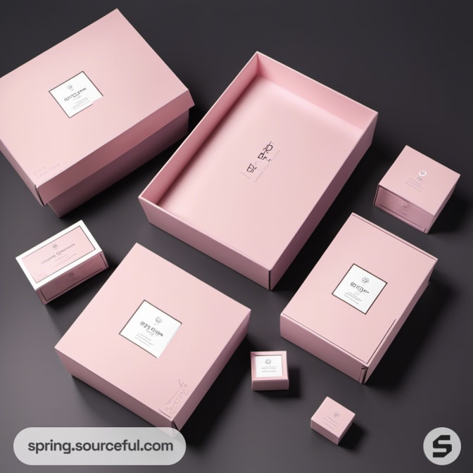 Various pink gift boxes arranged neatly on a dark background.