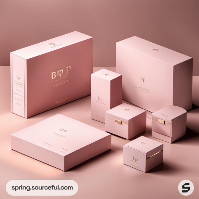 Assorted pink gift boxes of different sizes on a neutral background.