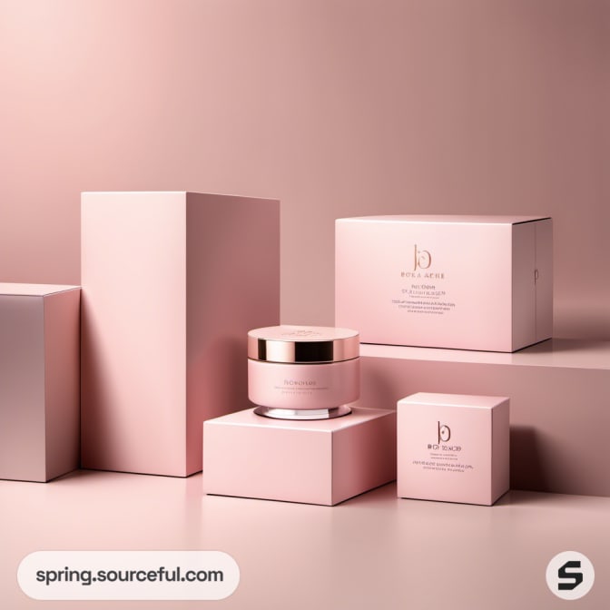 Pink boxes with a cosmetic jar on a neutral surface.