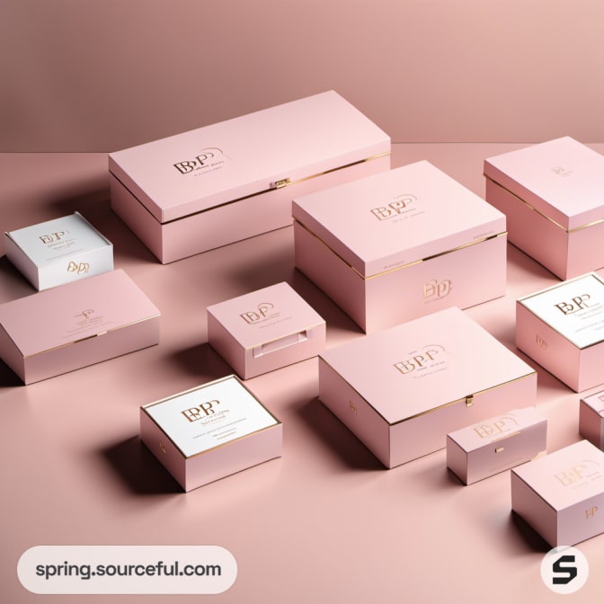 Assorted pink gift boxes with gold accents on a neutral background.