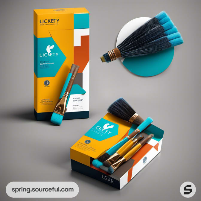 Turquoise and brown brush set with box packaging featuring geometric design.