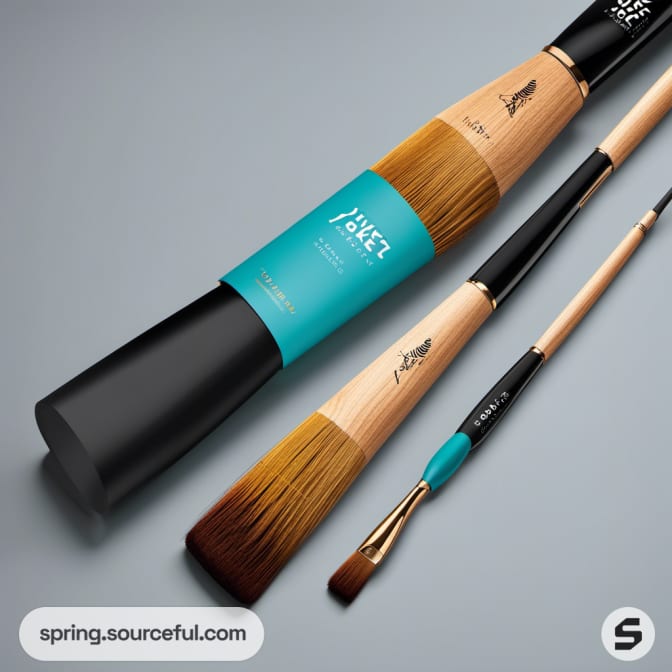 Close-up of brush set with turquoise and brown handles on a teal background.