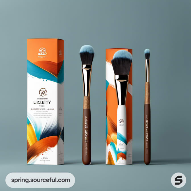 Brushes with white and orange packaging featuring colorful abstract paint strokes.