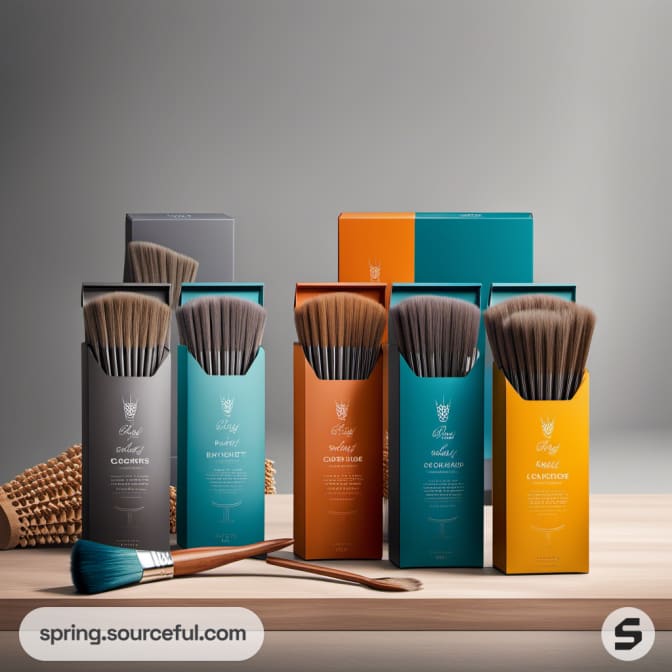 Assorted brush sets in teal, orange, and gray boxes with visible bristles.