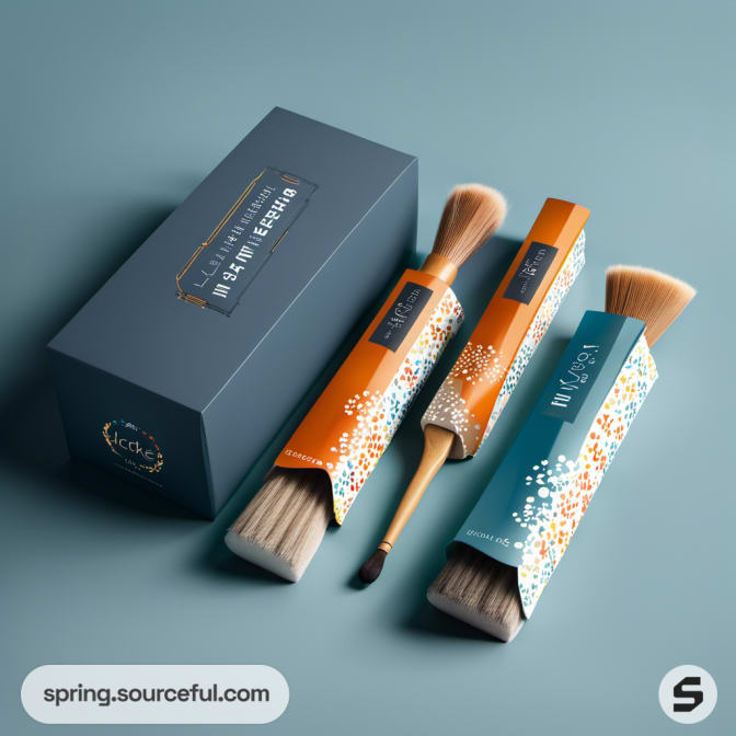 Dark blue box with orange and blue brush packaging featuring floral patterns.