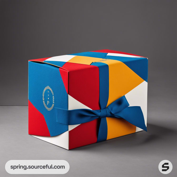 Colorful gift box with geometric design and blue ribbon