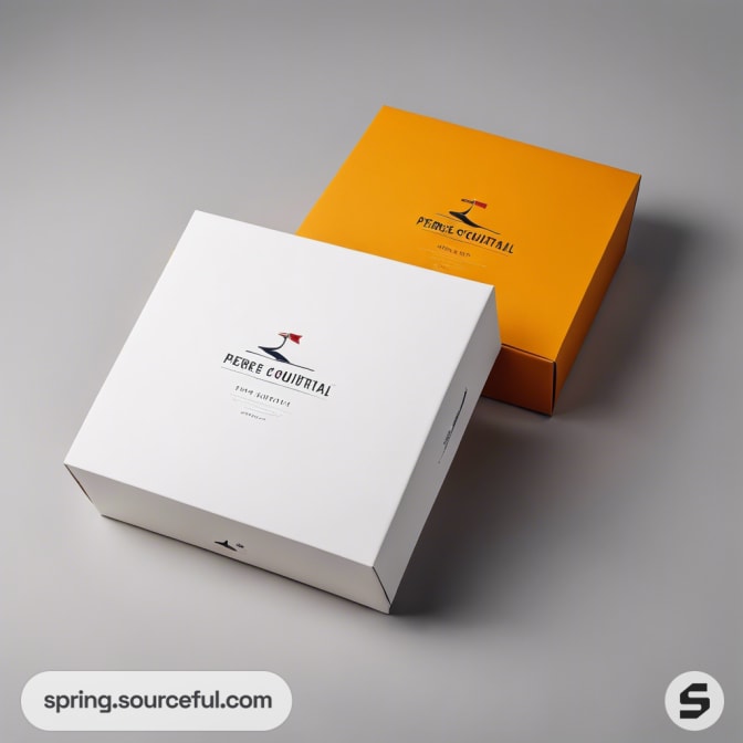 Two sleek boxes; one white, one orange, with text