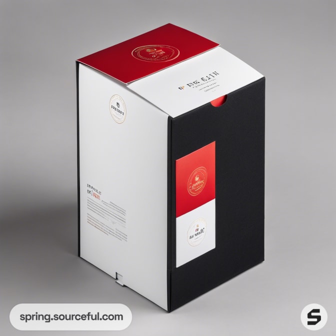 Tall black and white box with red top and text