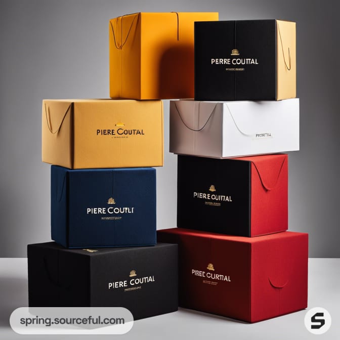 Stack of boxes in vibrant colors: black, red, blue, yellow