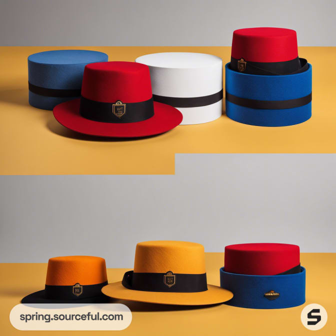 Collection of hats with colorful boxes on yellow background