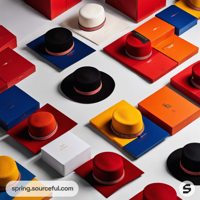 Assorted hats and colorful boxes in a grid pattern