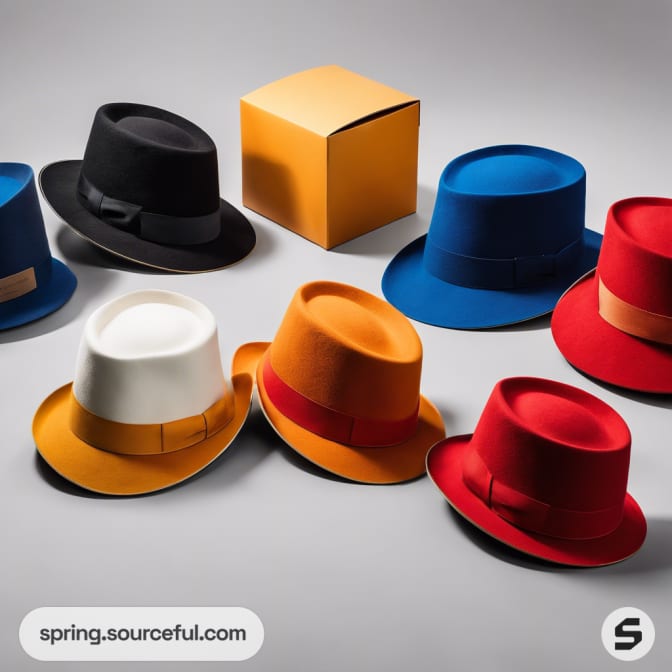 Variety of hats in different colors with a single box