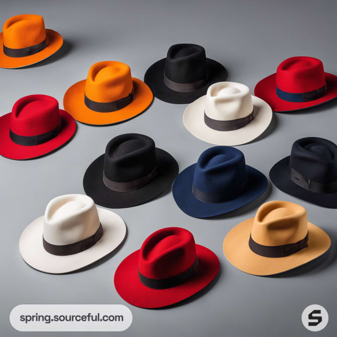 Multiple hats in diverse colors and styles displayed