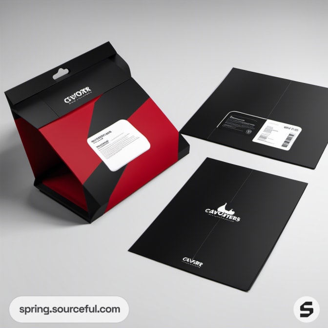 Triangular box with red and black papers and labels.