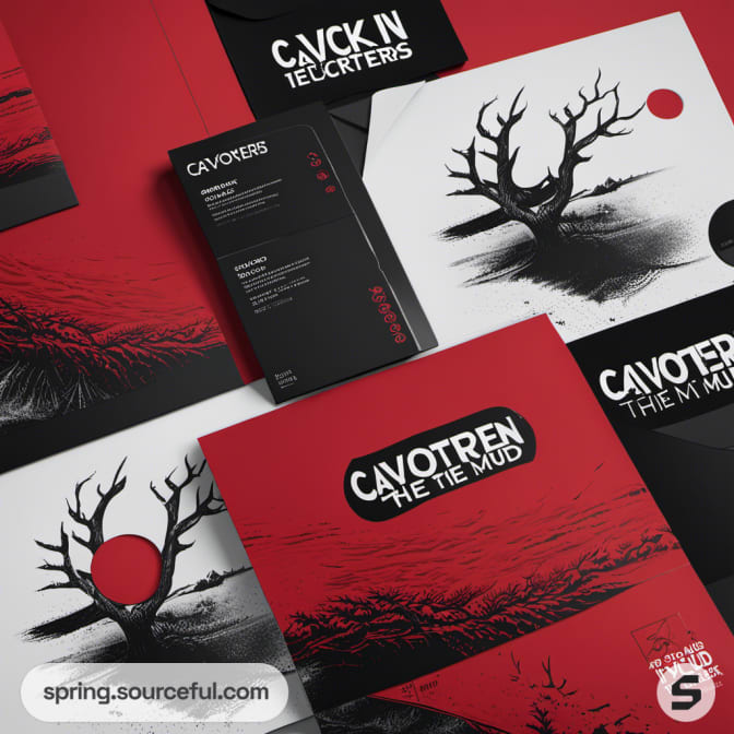 Red and black envelopes and brochures with tree artwork.