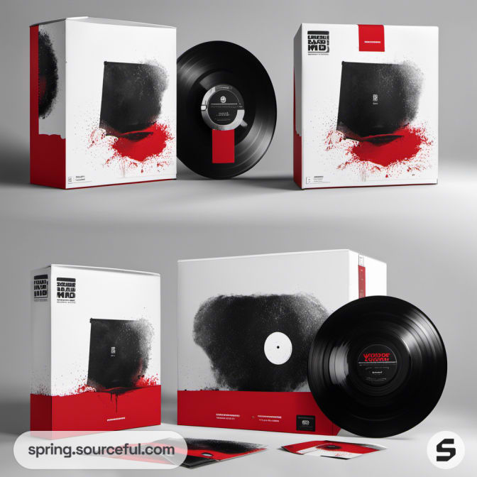 Vinyl record and white box with red accents.