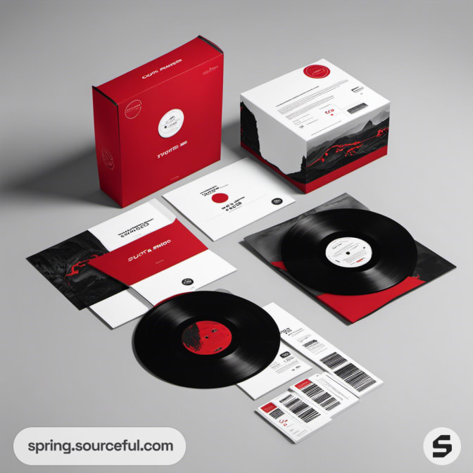 Vinyl records and red packaging with labels and inserts.