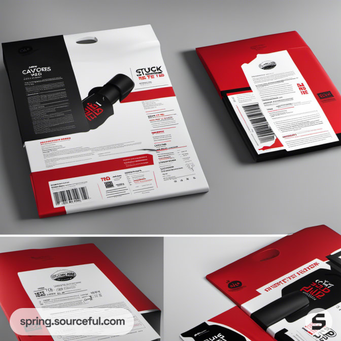 White and black packaging with documents and bottle.