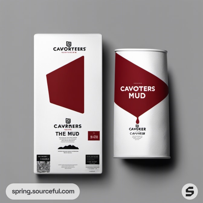White box and cylindrical container with red design.