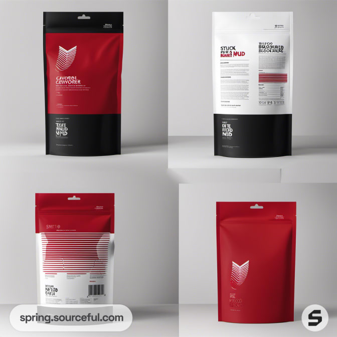 Red and black resealable pouches with text and illustrations.