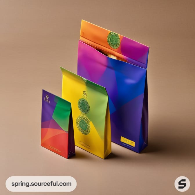 Colorful resealable pouches in various sizes with abstract patterns on a neutral background.
