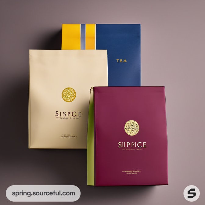 Large resealable pouches with simple, elegant designs in maroon, cream, and navy colors.