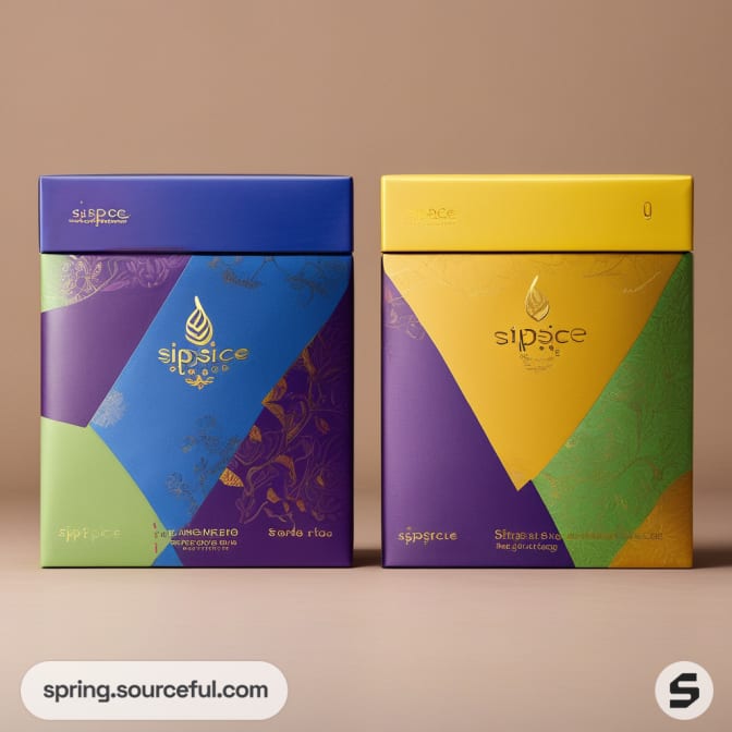Two square boxes with abstract geometric patterns in purple, green, and yellow.