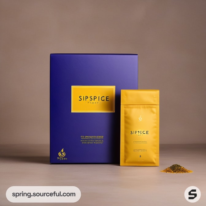 Large purple box next to a yellow pouch with elegant branding on a neutral background.