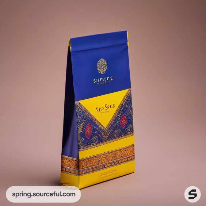 Blue and yellow standing pouch with intricate patterns and elegant branding.