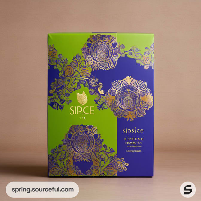 Vibrant green and blue box with ornate gold floral patterns.