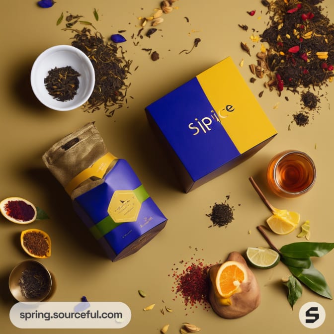 Flat lay of tea leaves, ingredients, and packaging on a beige background.