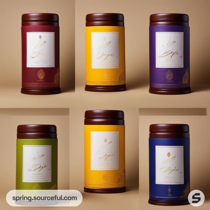 Six cylindrical containers in assorted colors with wooden lids and elegant labels.