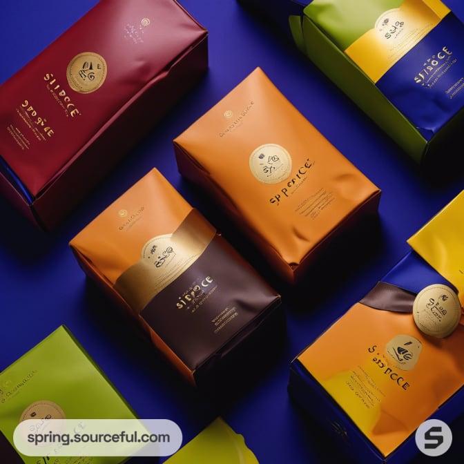 Assortment of colorful sealed pouches with gold labels on a blue background.