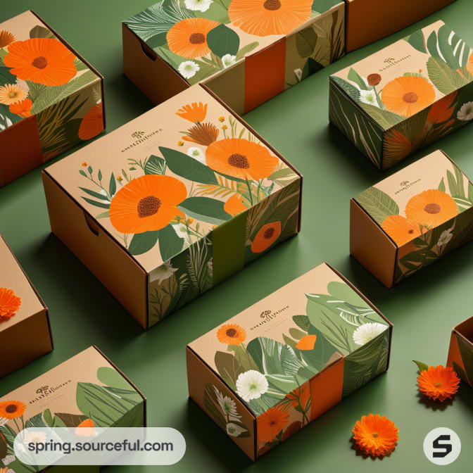 Colorful mailer boxes with orange and green floral patterns on a green surface.