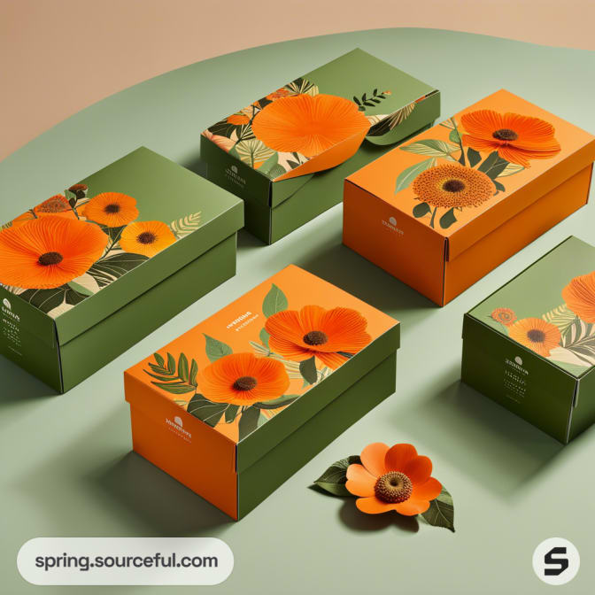 Floral-themed gift boxes in green and orange with flower designs on a green surface.