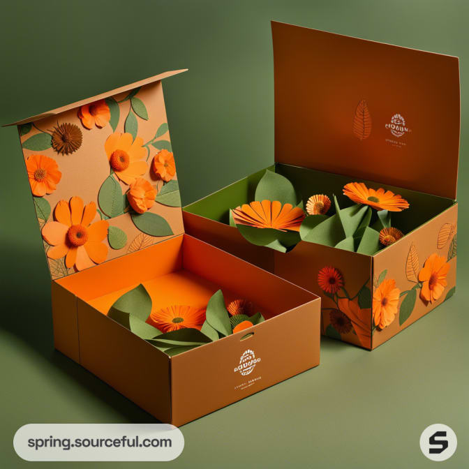 Two orange floral-themed boxes with lid open, containing orange paper flowers against a green background.