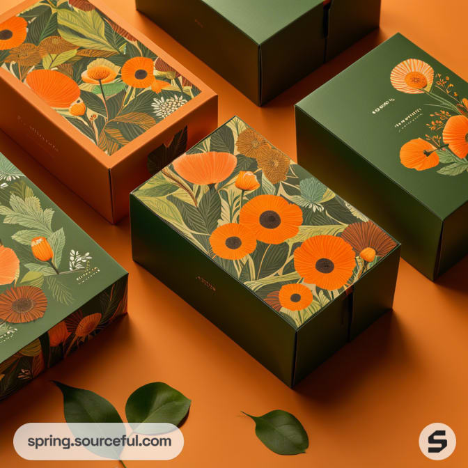 Floral patterned green and orange mailer boxes on an orange background with green leaves.