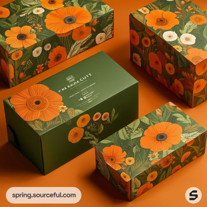 Green floral boxes with orange and yellow flower designs on an orange background.