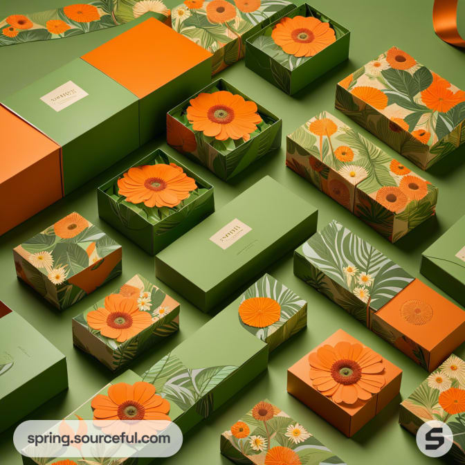 Green and orange floral-themed packaging boxes with leaf and flower designs on a green surface.