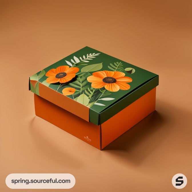 Square box with floral design featuring orange flowers and green leaves on a brown background.