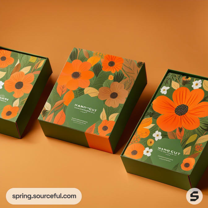 Floral-patterned packaging boxes with orange and green design on an orange background.