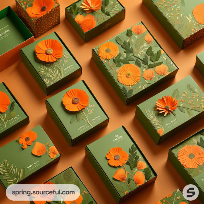 Green boxes with orange floral designs on a beige background.