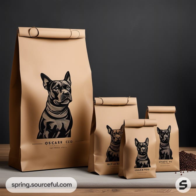 Roll-top brown paper bags with dog illustrations.