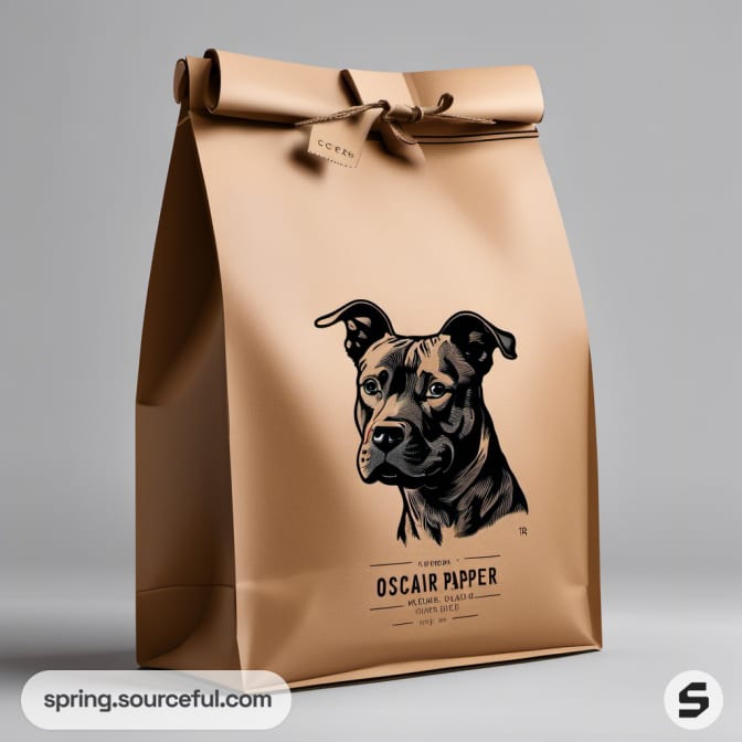 Folded brown paper bag with a dog illustration and tie.