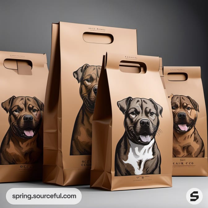 Brown paper bags with dog illustrations and cutout handles.
