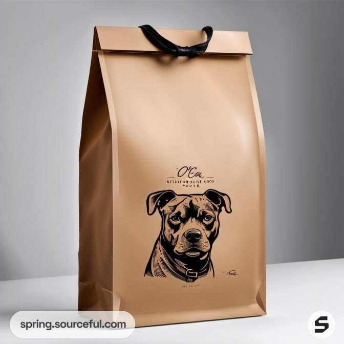 Brown paper bag with dog illustration and ribbon tie.