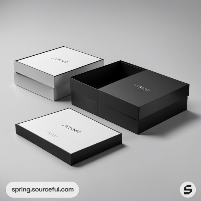 Open black and white boxes showing minimalist interior.