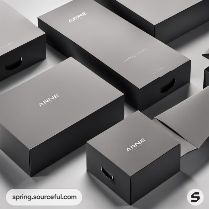 Close-up of black rectangular boxes with minimalist text.