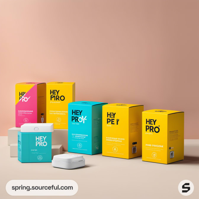 Colorful boxes in yellow, pink, and teal with a variety of designs on a neutral background.